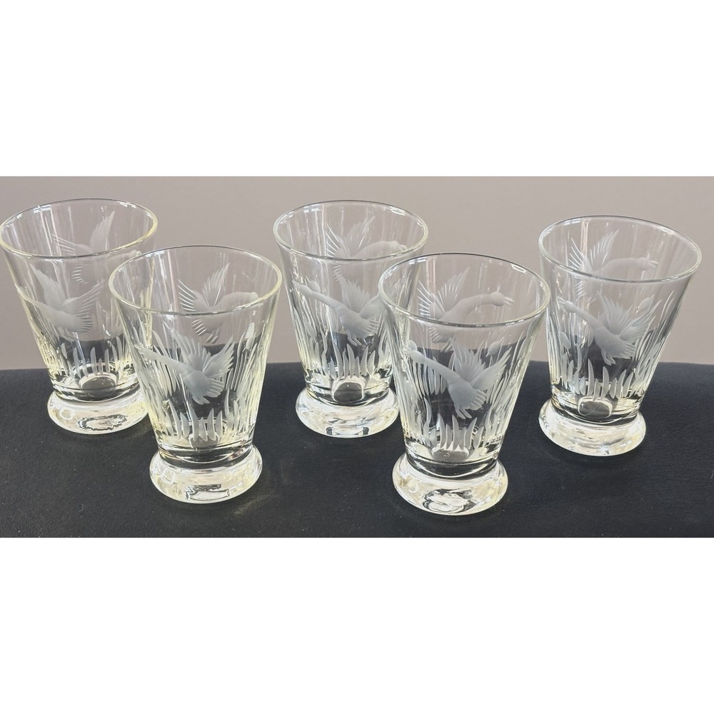 5 Vtg Goose Duck Water Fowl Cattail Etched Double Shot Glasses MCM Bar Ware